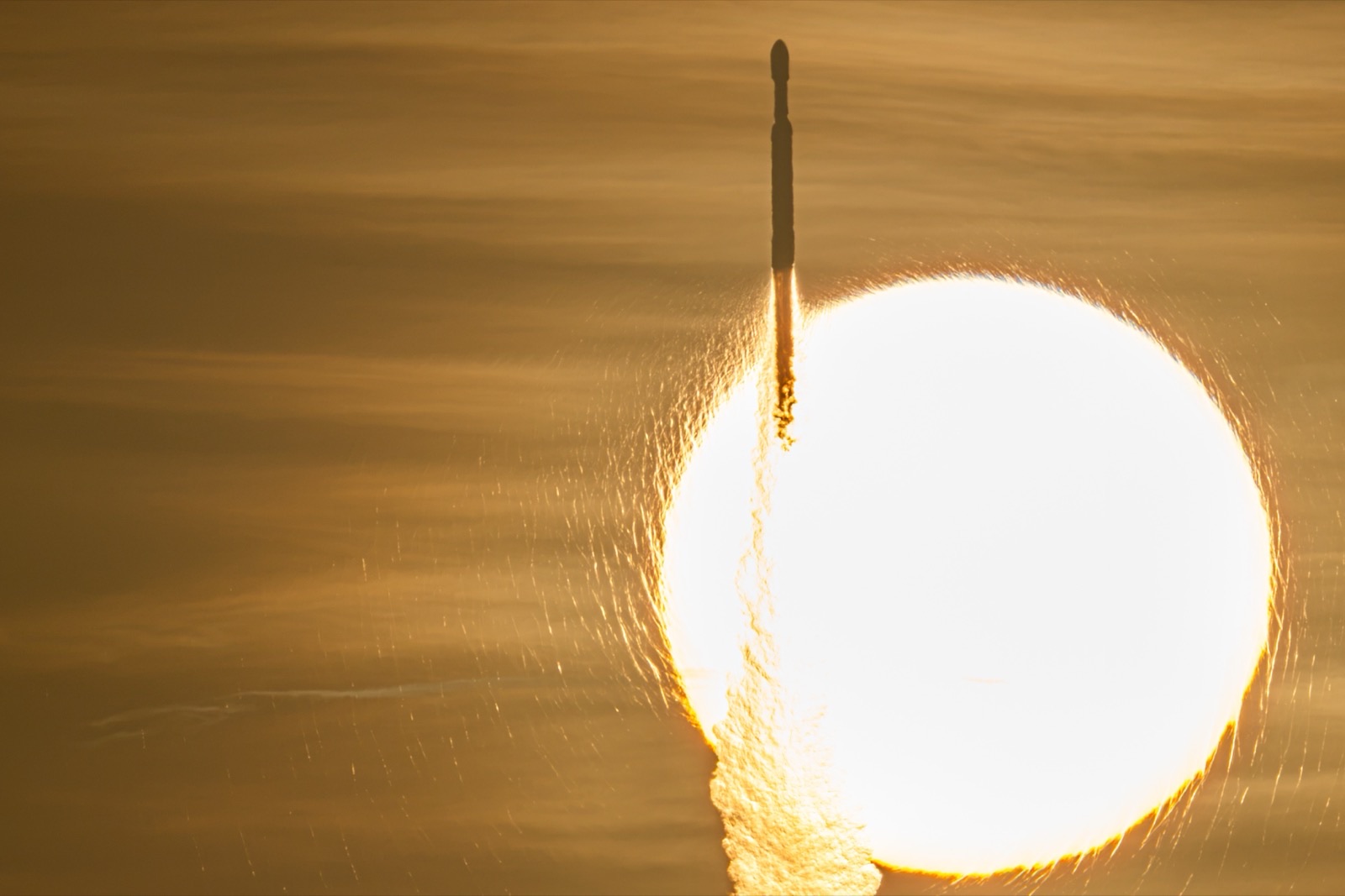A SpaceX Falcon Heavy carrying NASA's Nancy Grace Roman Space Telescope transits the Sun during launch from Launch Complex 39A at Kennedy Space Center, August 30, 2026