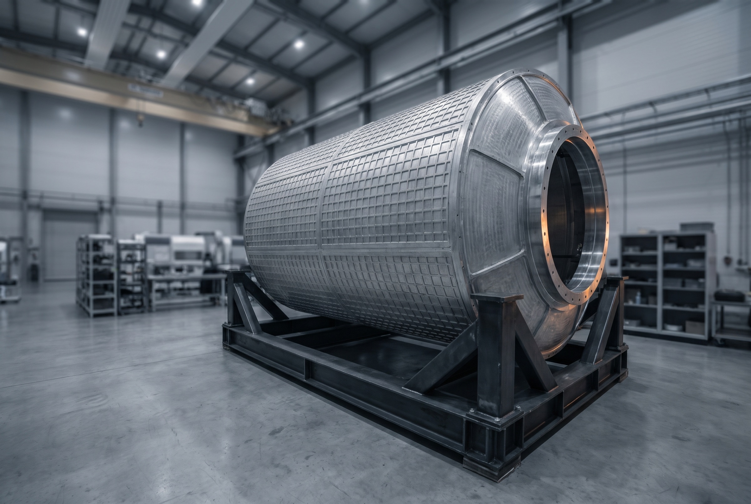 A generated image of a bare, unbranded metal cylinder with a ribbed hull and an open docking ring, resting in a steel cradle in a gray assembly hall.